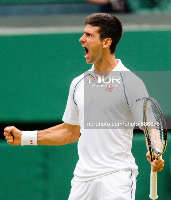 Novak Djokovic celebrates winning the championship with a roar on Gentlemen's Singles Final day 13 of the Wimbledon Lawn Tennis Championship...