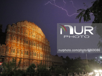 Lightning strike in the sky during the rain  near Hawa Mahal in Jaipur, Rajasthan, India, July 11,2021.(