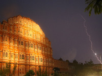 Lightning strike in the sky during the rain  near Hawa Mahal in Jaipur, Rajasthan, India, July 11,2021.(