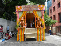 The chariot is seen decorated with flowers , waits for arrival of the idols of Jaganath , Subhadra , Balaram for the festival of Rathyatra i...