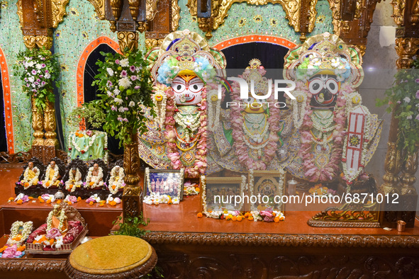 Idols of Jaganath , Balaram and Subhadra is seen inside Kolkata Isckon temple during rathyatra celebration in Kolkata, India, on 12 July 202...