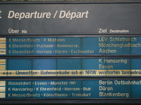 the train's cancellation is seen on the information screen at cologne central station,  Germany on July 15, 2021 as several trains delay or...