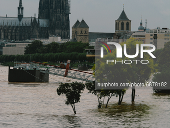 Flooding scene is seen from Rhine river in Cologne, Germany on July 15, 2021 as NRW experienced flooding after large amount of rain fell (
