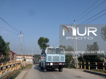 Indian troops leave from the encounter site after the military operation came to end in Srinagar, Indian Administered Kashmir on 16 July 202...