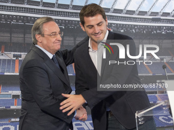 Florentino Perez and Iker Casillas  announce that Iker Casillas will be leaving Real Madrid football team on July 13, 2015 in Madrid, Spain....