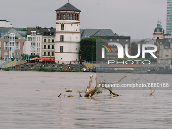 Flooding scene is seen from Rhine river in Duesseldorf, Germany on July 16, 2021 as NRW experienced flooding after large amount of rain fell...