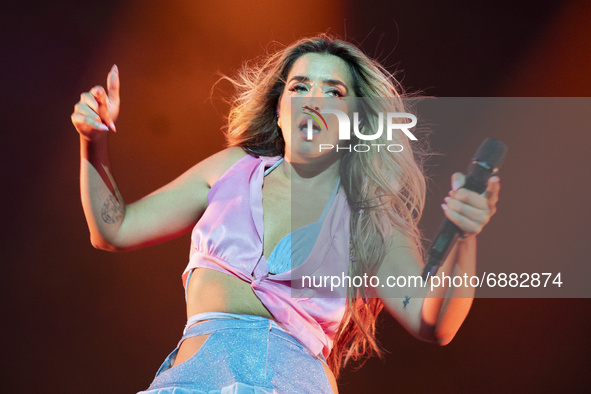 Spanish singer Lola Indigo performs on stage at Wizink Center on July 17, 2021 in Madrid, Spain.  