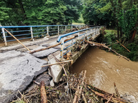 A bridge in Krzyszkowice near Krakow was damaged after being flooded due to heavy rain during the night in the Lesser Poland Voivodship. Glo...
