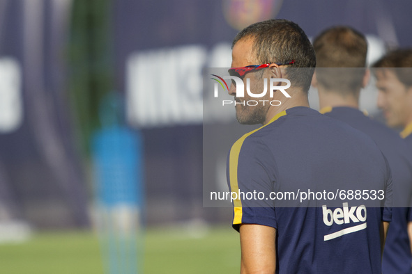 Barcelona, Catalonia, Spain. July 13. FC Barcelona's coach Luis Enrique Martinez during the first training session of season 2015-16. 