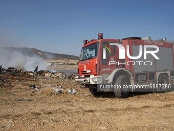 Firefighting forces fighting bushfires near Thessaloniki. The firefighting forces include firefighters, fire department vehicle, municipalit...