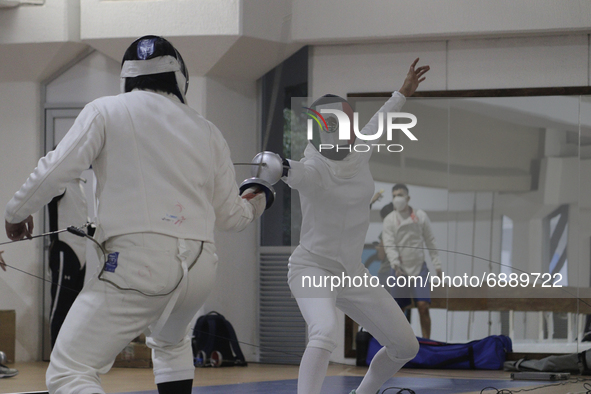 Mariana Arceo (right), mexican fencer and athlete, during her final training sessions at the Benito Juárez Gymnasium in Mexico City ahead of...