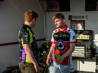  Belle Vue BikeRight Aces  rider Tom Brennan with his Mechanic during the SGB Premiership match between Peterborough and Belle Vue Aces at E...