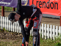 Belle Vue BikeRight Aces  rider Jye Etheridge  does some stretching exercises to get rear for his first race  during the SGB Premiership mat...
