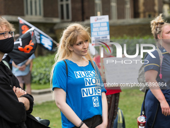 LONDON, UNITED KINGDOM - JULY 20, 2021: NHS staff, members of the trade unions and health campaigners protest outside the Houses of Parliame...