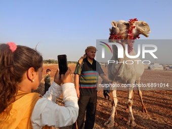 A girl takes a picture of a camel governorate before being sacrificed in a camp for the displaced near the city of Maarat Misrin in the nort...