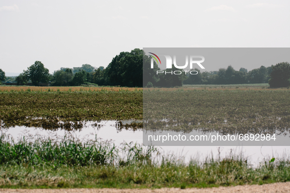 a flooded field is seen in Erftstadt, Germany on July 21, 2021 after a major flood in Germany. 