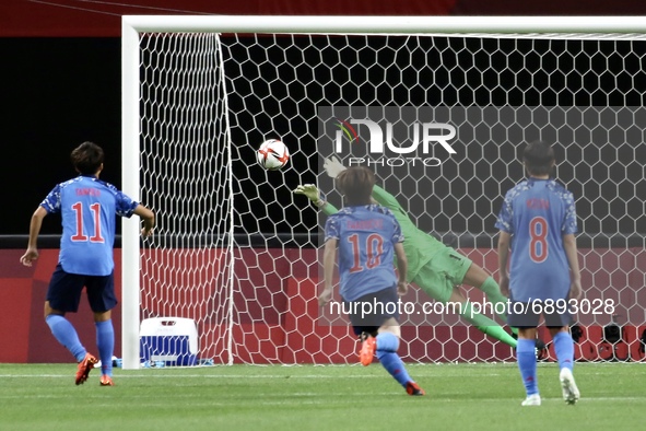 (1) Stephanie Labbe of Team Canada saving a penalty during the Women's First Round Group E match between Japan and Canada during the Tokyo 2...
