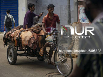 Rawhide is taken to the factory using local transport. On July 22, 2021 in Dhaka, Bangladesh. (