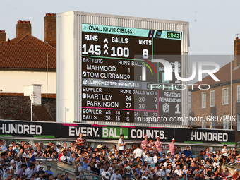 LONDON, ENGLAND - July 22:scoreboard shows Oval Invincible Men  100 balls  during The Hundred between Oval Invincible Men and Manchester Ori...