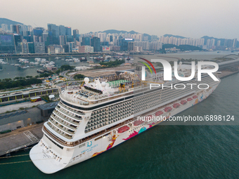 The Genting Dream cruise ship is moored at the Kai Tak Cruise terminal in this panorama by drone in Hong Kong, China, 23 Jul 2021. Hong Kong...