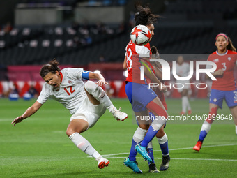 (12) Christine SINCLAIR of Team Canada battles for possession with (14) Daniela ARDO (8) Karen ARAYA of Team Chile during the Women's First...