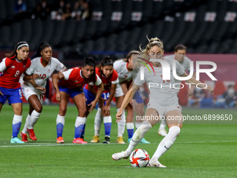 (16) Janine BECKIE of Team Canada kick a Penalty during the Women's First Round Group E match between Chile and Canada on day one of the Tok...