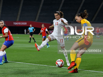 (1) Christiane ENDLER Goal keeper of Team Chile kik the ball font of (17) Jessie FLEMING of Team Canada during the Women's First Round Group...