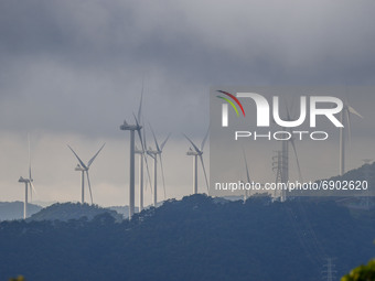 Wind power plant development electric at wind farm in Yeongyang, South Korea. Days of intense heat waves led to sporadic power outages natio...