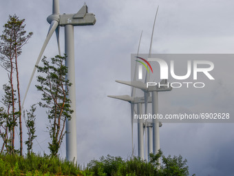 Wind power plant development electric at wind farm in Yeongyang, South Korea. Days of intense heat waves led to sporadic power outages natio...