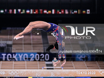 Simone Biles of United States of America during women's qualification for the Artistic  Gymnastics final at the Olympics at Ariake Gymnastic...