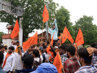 Akhil Bharatiya Vidyarthi Parishad 'ABVP' activists  protest against the state government for their demands at Rajasthan University in Jaipu...