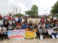 Rajasthan Unemployed United Federation activists stage a demonstration as they protest against the state government for their job demands, a...