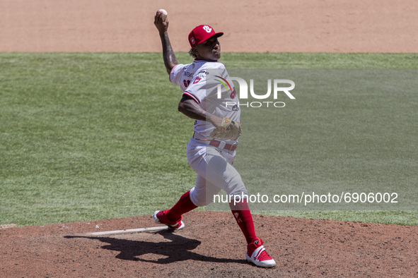 Yapson Gomez #61 of the Diablos Rojos pitches  during the match of the Mexican Baseball League game between Diablos Rojos and Pericos de Pue...