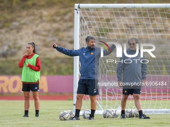 Alessandro Spugna (C), Head Coach of AS Roma woman team reacts during the training session on Terminillo, Rieti, Italy, on July 26, 2021. Do...