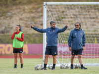 Alessandro Spugna (C), Head Coach of AS Roma woman team reacts during the training session on Terminillo, Rieti, Italy, on July 26, 2021. Do...