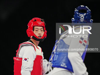 Dabin lee from South Korea and Rodriguez Peguero  from Dominican Republic during Taekwondo at the Olympics at Makuhari Messe Hall A, Tokyo,...