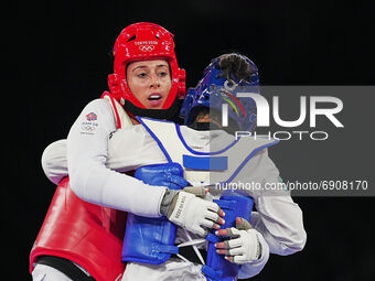 Bianca Walkden from Great Britain and Cansel Deniz from Kazakstan during Taekwondo at the Olympics at Makuhari Messe Hall A, Tokyo, Japan on...