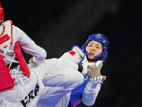 Althea Laurin from France and Shuying Zheng from China during Taekwondo at the Olympics at Makuhari Messe Hall A, Tokyo, Japan on July 27, 2...