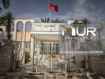 The door of a public building of a State Delegation is closed in Ariana city, near the capital Tunis, Tunisia on July, 27 2021, as Tunisian...
