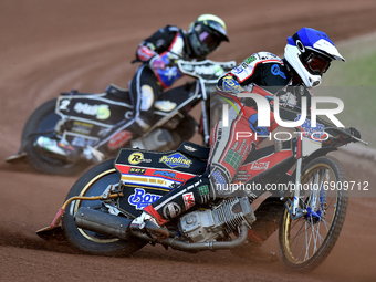 Paul Bowen of Belle Vue Cool Running Colts leads Connor King of Eastbourne Seagulls during the National Development League match between Bel...