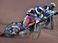 Paul Bowen of Belle Vue Cool Running Colts leads Connor King of Eastbourne Seagulls during the National Development League match between Bel...