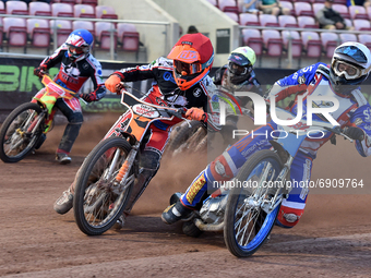 Jake Knight of Eastbourne Seagulls in the first turn with Connor Coles of Belle Vue Cool Running Colts during the National Development Leagu...