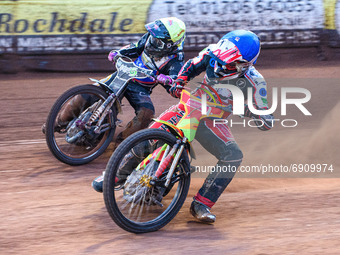 Ben Woodhull  (Blue) inside Connor King  (Yellow) during the National Development League match between Belle Vue Colts and Eastbourne Seagul...