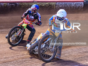 Danno Verge  (White) inside Ben Woodhull  (Blue) during the National Development League match between Belle Vue Colts and Eastbourne Seagull...
