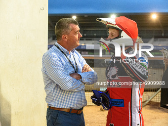 Belle Vue CEO Adrian Smith (left) chats with Paul Bowen   during the National Development League match between Belle Vue Colts and Eastbourn...