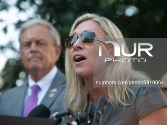 Marjorie Taylor Greene  hold press conference about their filing of a lawsuit over mask fines in Congress, in Washington D.C. on July 27th,...