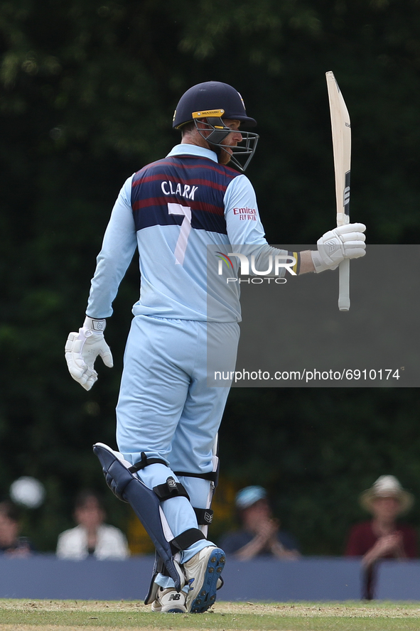 Graham Clark of Durham celebrates his half-century during the Royal London One Day Cup match between Middlesex County Cricket Club and Durha...