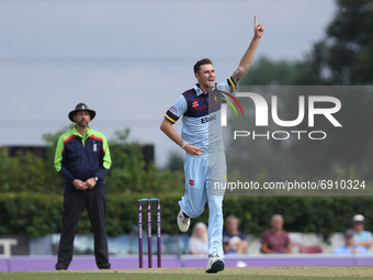 Jack Campbell of Durham celebrates taking a wicket during the Royal London One Day Cup match between Middlesex County Cricket Club and Durha...