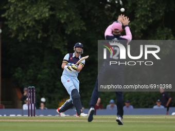 Alex Lees of Durham is caught by Sam Robson of Middlesex during the Royal London One Day Cup match between Middlesex County Cricket Club and...