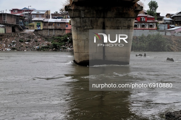 Water Level increased in River Jehlum after rainfall started in Sopore, District Baramulla Jammu And Kashmir, India on 28 July 2021. 4 dead,...